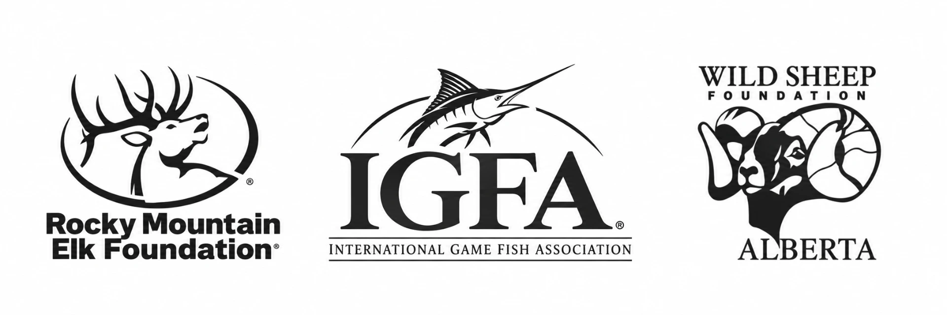 Logos of the Rocky Mountain Elk Foundation, the International Game Fish Association and Wild Sheep Foundation Alberta