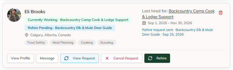 Crew member card for Eli Brooks with a rehire request sent for the Elk & Mule Deer Guide season, and View Profile, Message, View Request, Cancel Request and Rehire actions