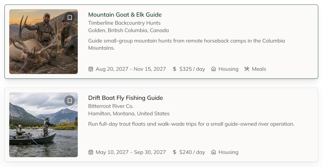 Job search results with filters for keyword, urgent positions, date posted and sector, and two job cards: Mountain Goat & Elk Guide in Golden, British Columbia and Drift Boat Fly Fishing Guide in Hamilton, Montana
