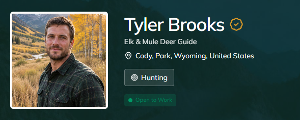 Candidate profile with photo, headline, location, hunting chip and Open to Work status