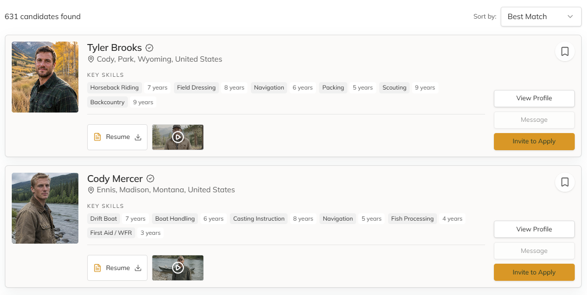 Candidate search results showing two guides with their key skills, Resume, Message and Invite to Apply actions