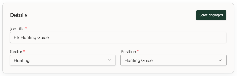 Post a job form with Job title Elk Hunting Guide, Sector Hunting and Position Hunting Guide, and a Save changes button