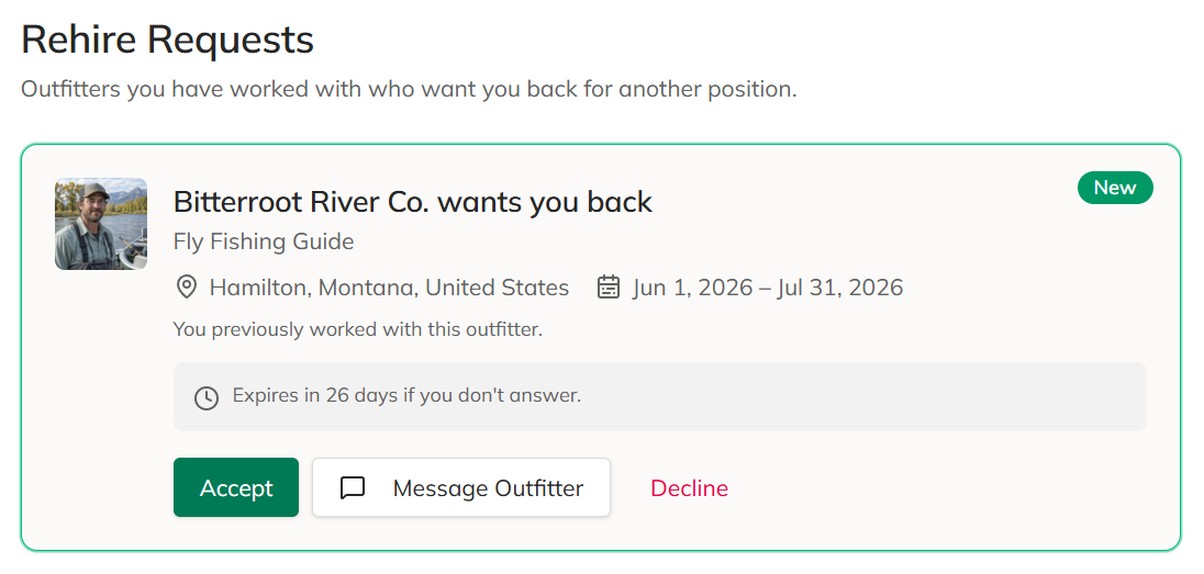 Rehire request from Bitterroot River Co. for a Fly Fishing Guide in Hamilton, Montana, with Accept, Message Outfitter and Decline actions