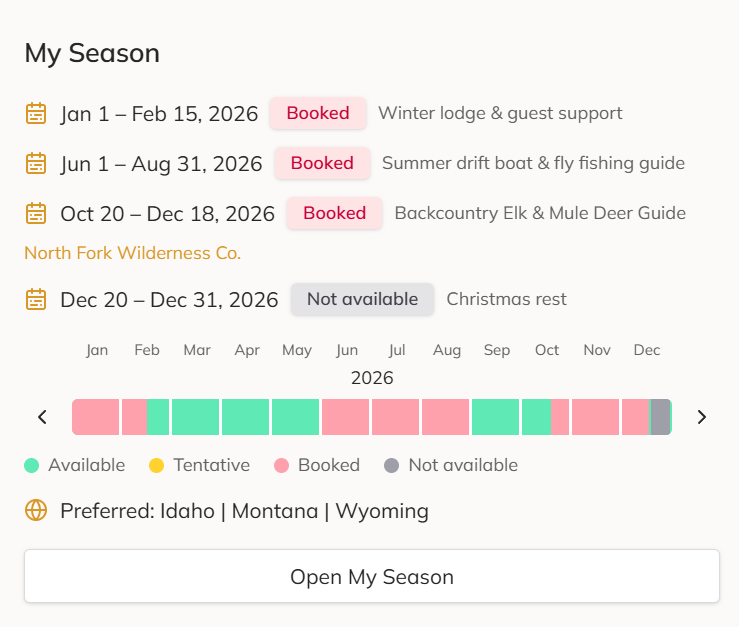 My Season calendar with booked blocks, availability strip and preferred states