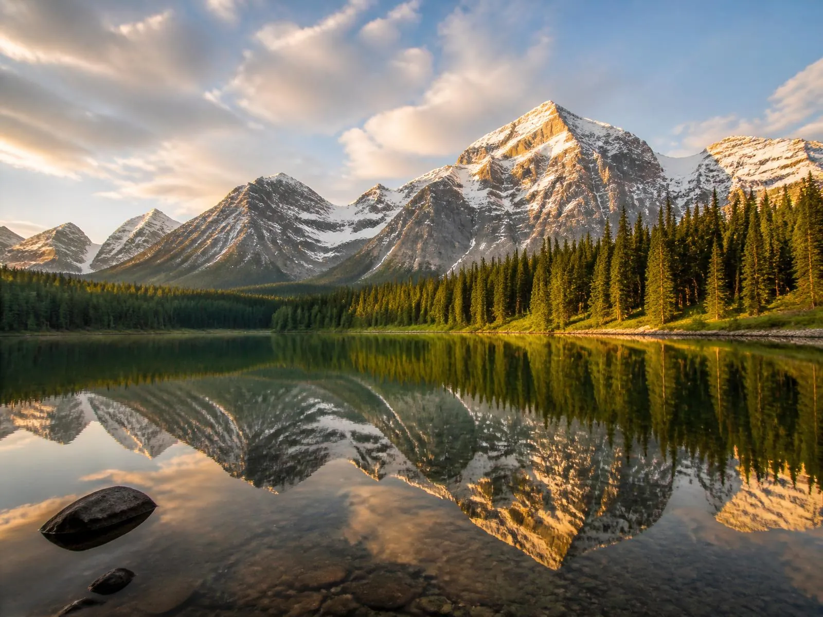 A calm alpine lake reflecting snow-capped mountains