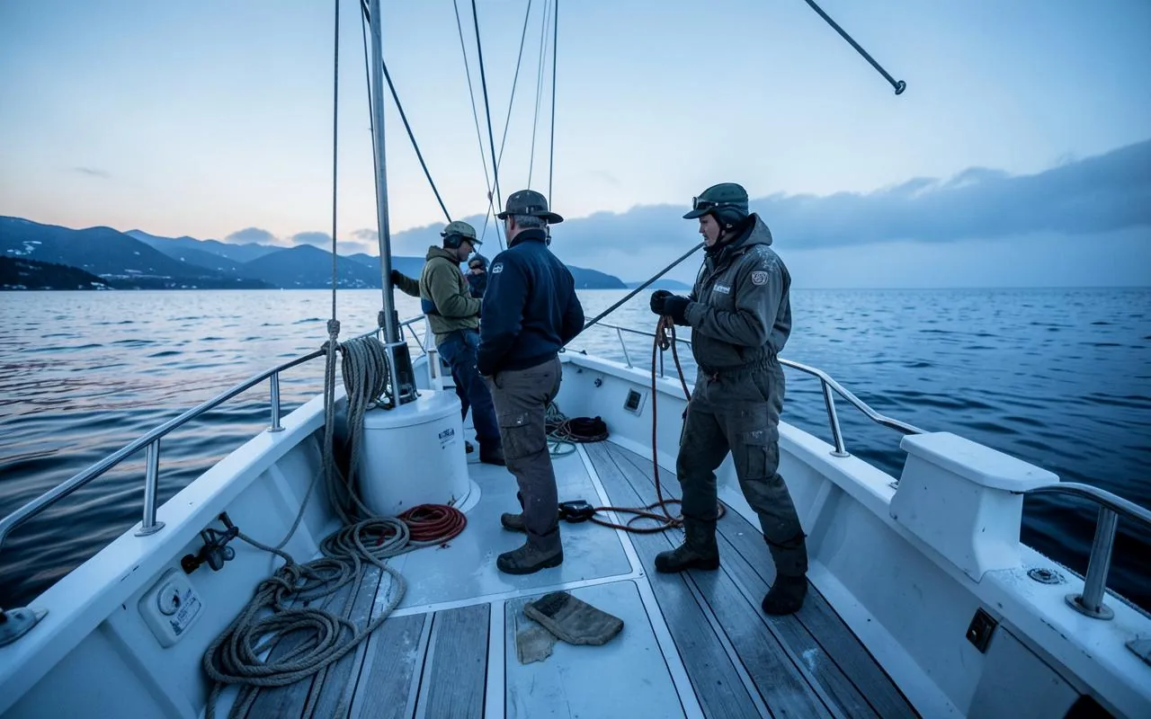 Charter boat crew working on deck at dawn