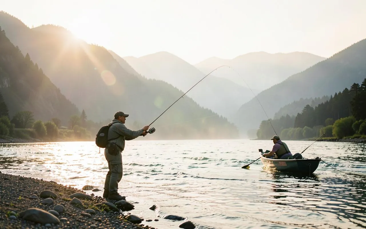 A fly fishing guide casting on a river at sunrise