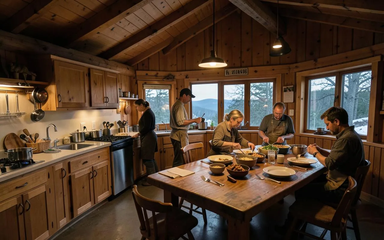 Camp crew preparing dinner in a remote hunting lodge kitchen