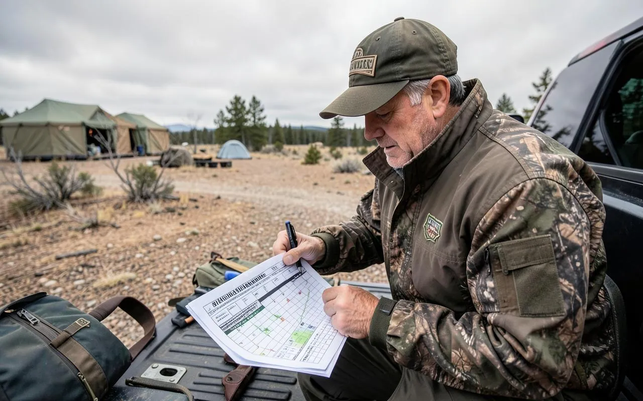An outfitter reviewing a season calendar at a remote camp